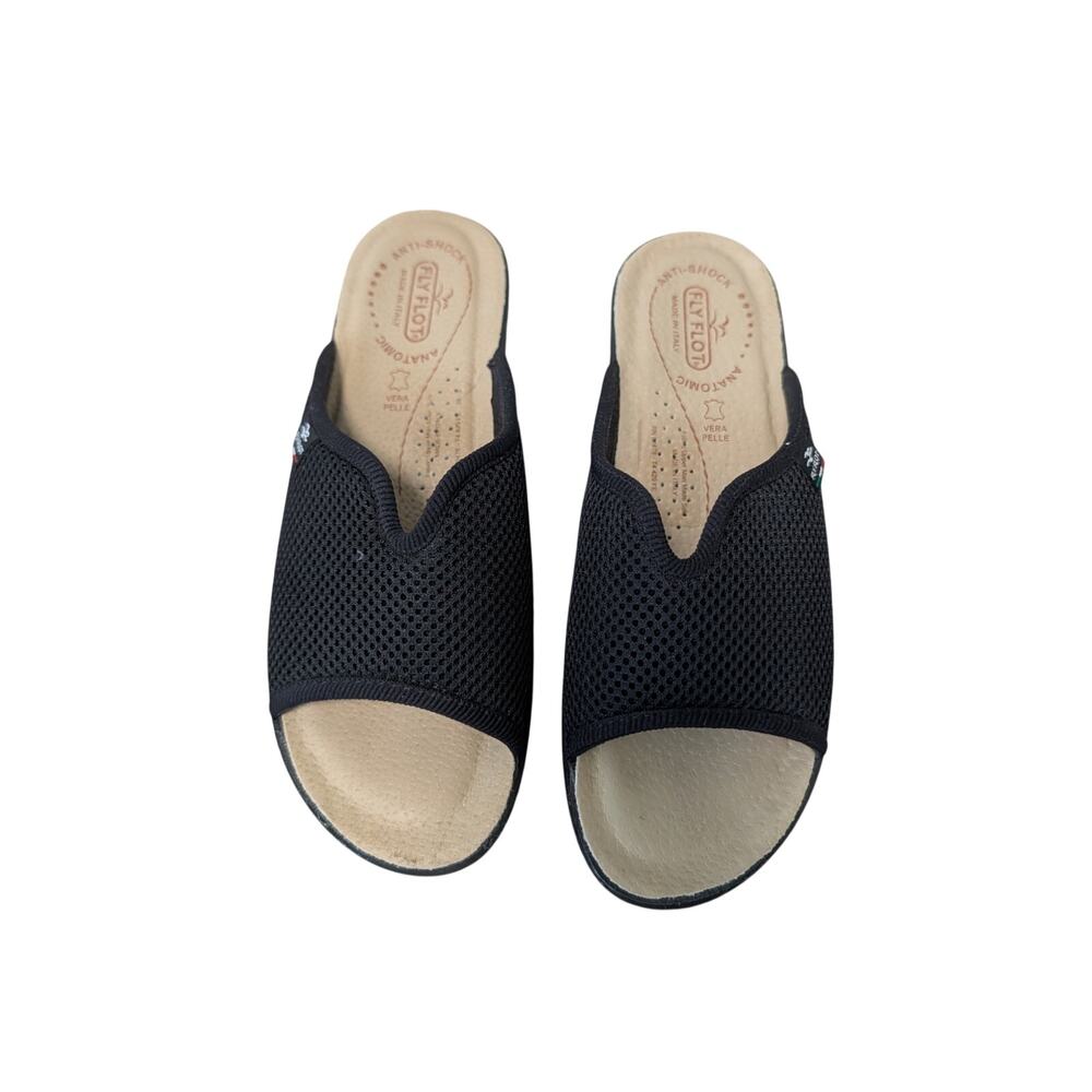 FLYFLOT Women's Cloth Wedge slip on sandal/shoes, slides, Black; size 39;/8